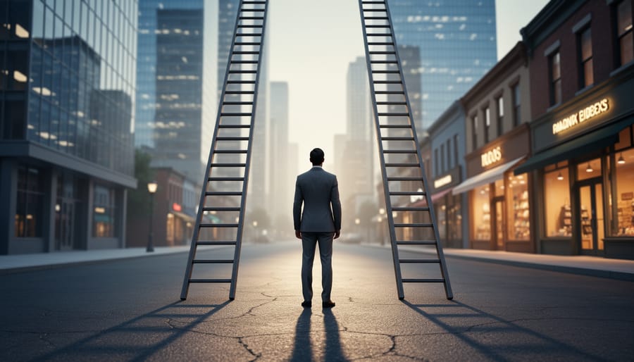 Back view of a business professional at a forked path with two ladders leading toward a glass skyscraper district on one side and warmly lit small businesses on the other at golden hour