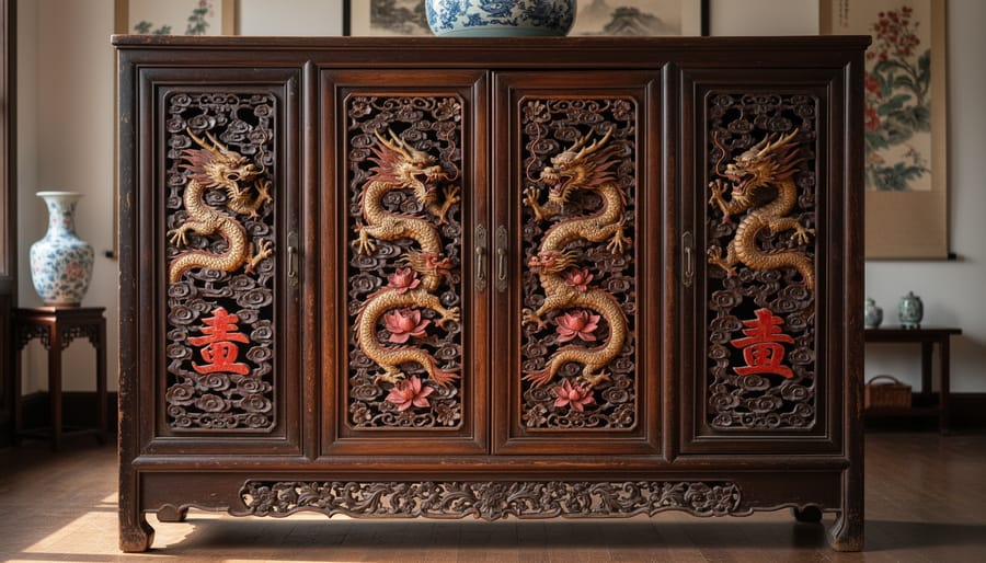 Close-up of intricate dragon carving detail on traditional Chinese furniture