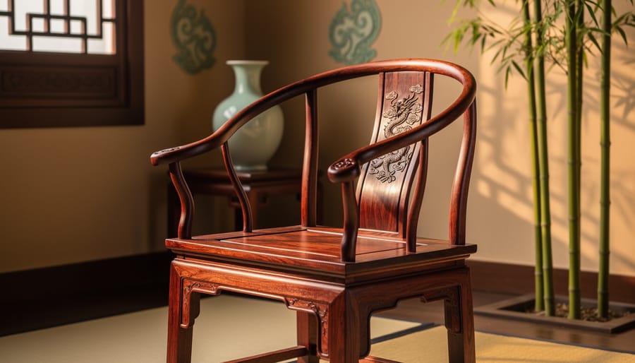 Ming-style huanghuali horseshoe-back armchair showing precise mortise-and-tenon joinery and dragon-cloud carving, lit by warm side light in a traditional room with a blurred lattice window, porcelain vase, and bamboo.