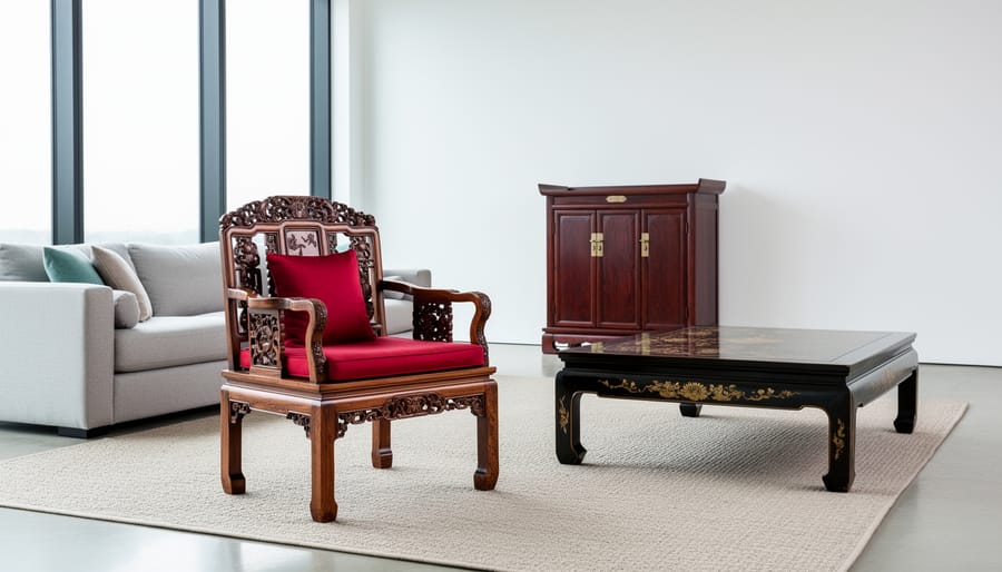 Ornate Chinese cabinet displayed as focal point in modern minimalist living room
