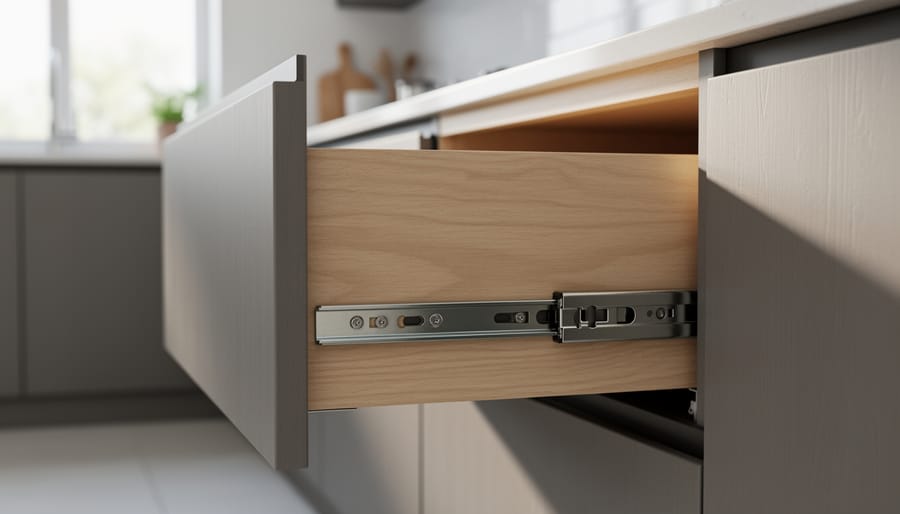 Kitchen cabinet drawer pulled open showing undermount slide mechanism and drawer construction