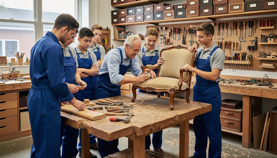 Craftsperson's hands repairing wooden furniture joint with professional tools