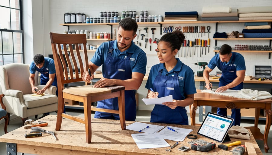 Business owner standing confidently in furniture restoration workshop with tools