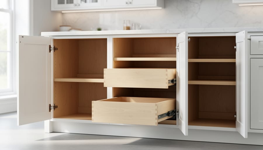 Open modern kitchen cabinets with doors ajar and a drawer partially pulled out, showing hinges, face frame, shelves, drawer box, slides, and toe kick.
