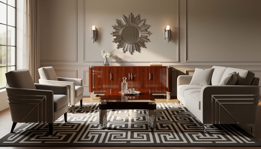 Art Deco coffee table with geometric wood inlay and chrome trim in a vintage living room setting.