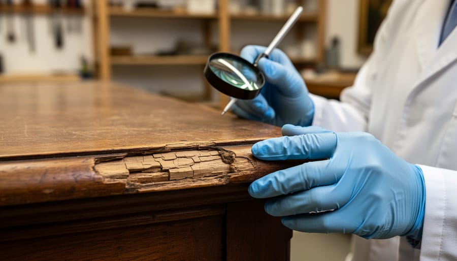 Close-up of hands inspecting cracks and finish condition on an antique wooden cabinet with a flashlight