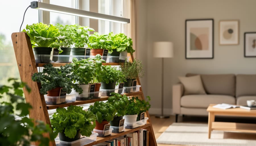 Indoor vegetable garden on a tiered repurposed bookshelf with herb pots and leafy greens under a grow light, with waterproof trays protecting the floor.