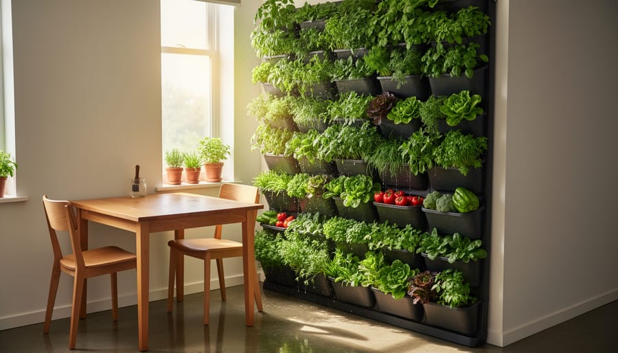 Freestanding vertical garden with multiple hanging planters growing leafy greens indoors.