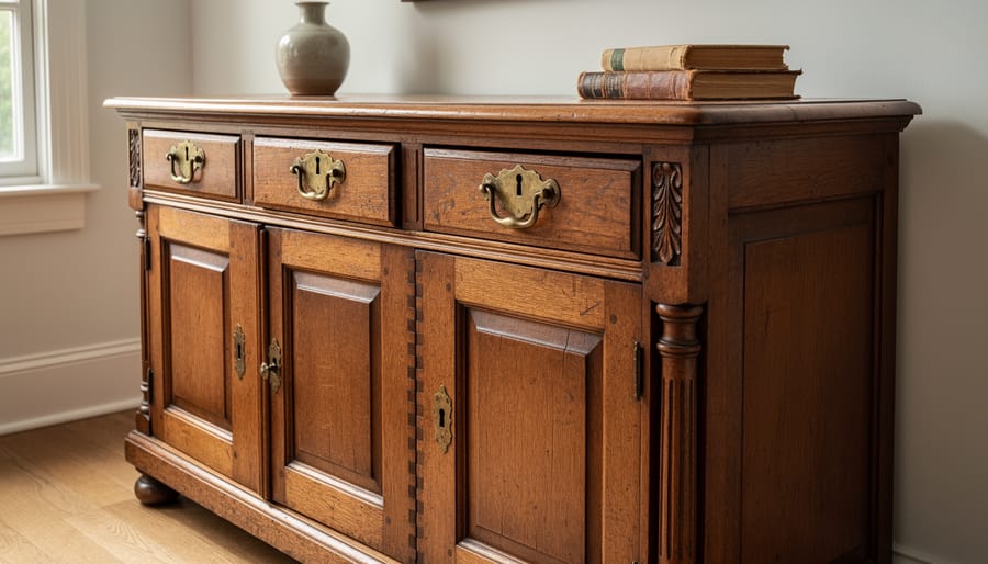 Historic wooden sideboard with visible carved details and patina in a softly lit room