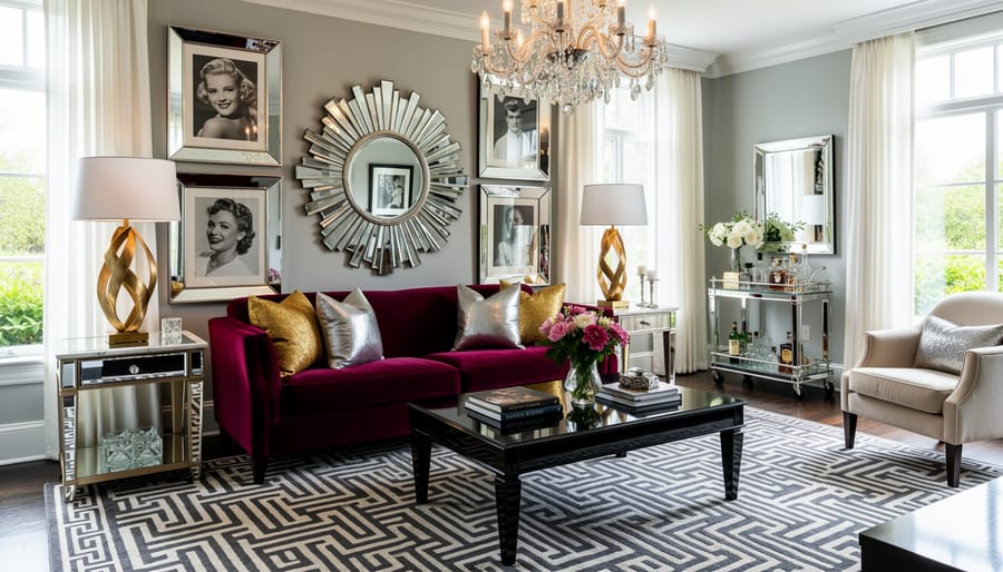 Hollywood Regency living room corner with mirrored side table, velvet sofa, and brass accents.