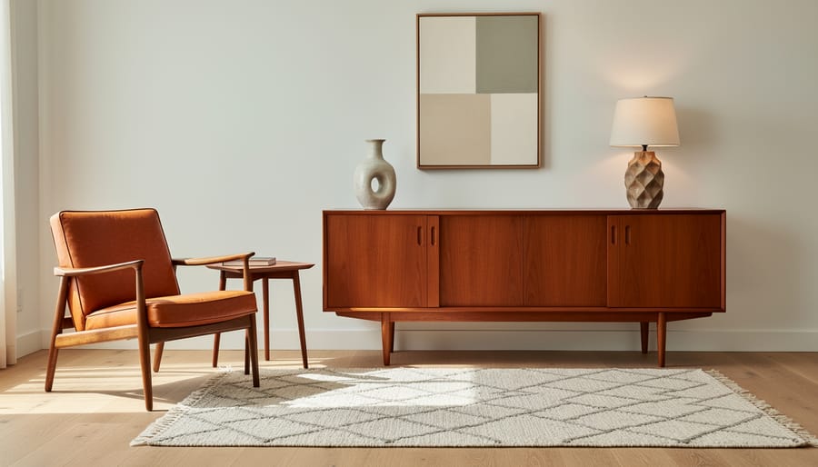 Mid-century modern walnut credenza and teak side chair styled in a warmly lit vintage living room.