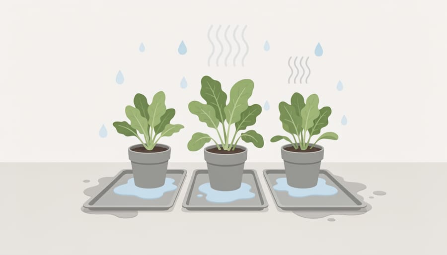 Clear saucers and absorbent mat under indoor plant containers to protect wooden furniture from water damage.