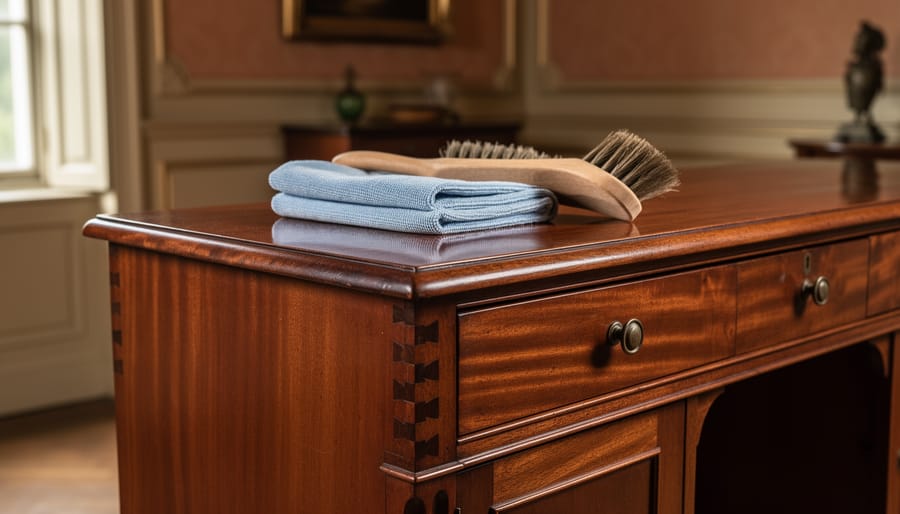 Close view of a historic mahogany sideboard with microfiber cloth and soft brush on the tabletop, highlighting preserved wood grain and dovetail craftsmanship.