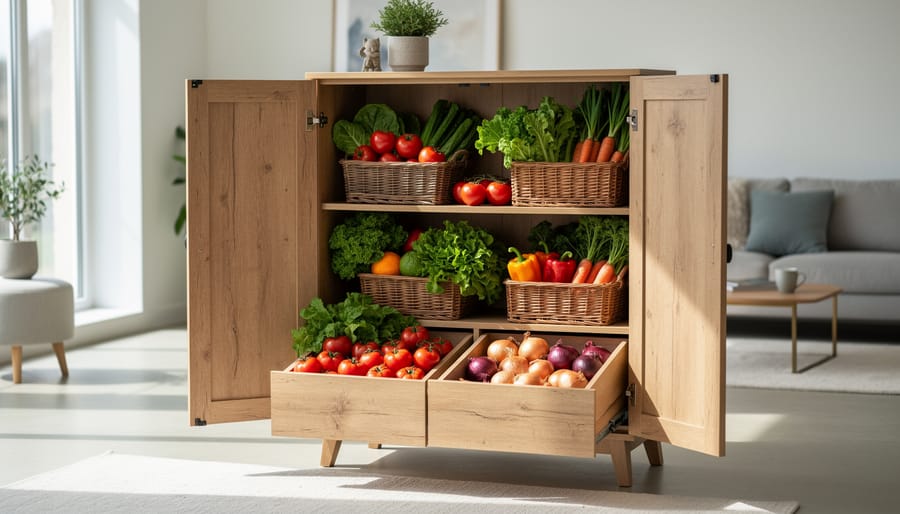 Indoor vegetable garden using a repurposed tiered wooden cabinet with herbs and leafy greens in a bright living room.