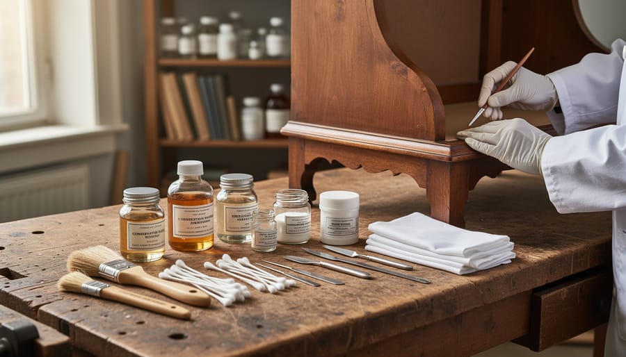 Restoration workbench with conservation tools and an antique chair component laid out for inspection
