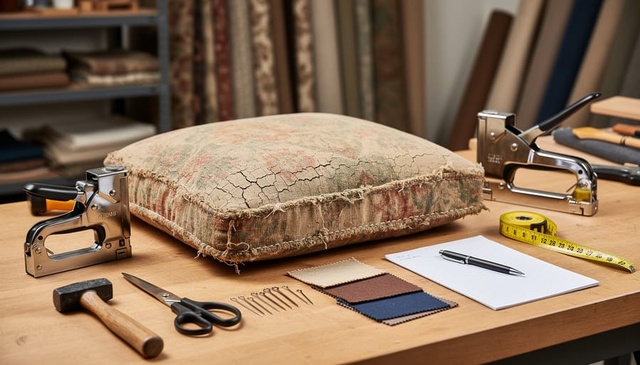 Vintage sofa with worn upholstery and restoration tools staged on the floor for repair assessment.