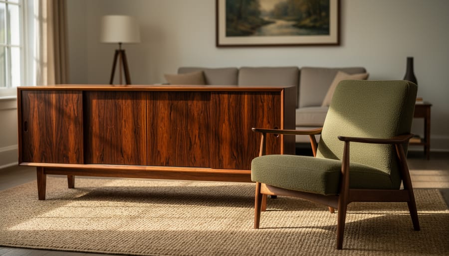 “Mid-century vintage living room furniture vignette featuring a walnut credenza and lounge chair in warm natural light, showcasing wood veneer and upholstery texture.”