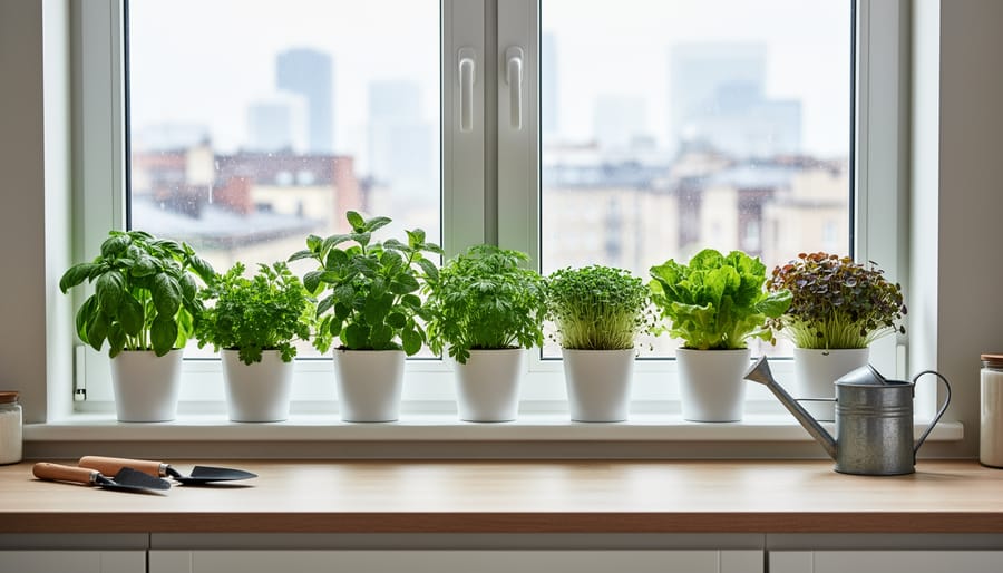 Lettuce and herb planters arranged on a sunny windowsill with a small watering can beside them.