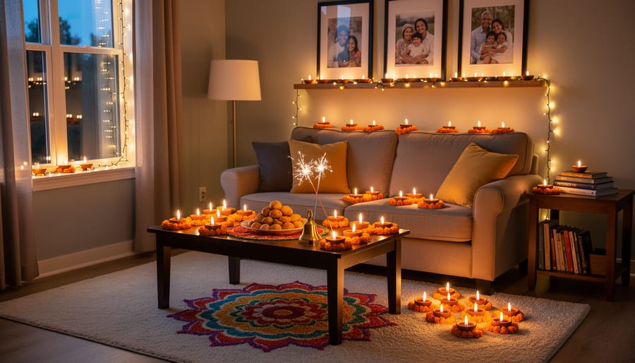 A cozy American living room decorated for Diwali with glowing diyas on a coffee table and warm string lights.
