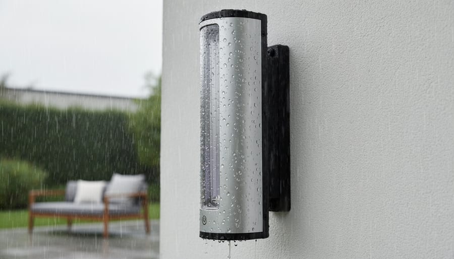 Close-up of a weatherproof outdoor electric heater with water droplets beading on the sealed metal surface.