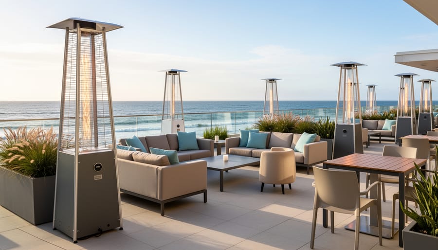 Coastal commercial patio with a ceiling-mounted weatherproof outdoor electric heater above tables.