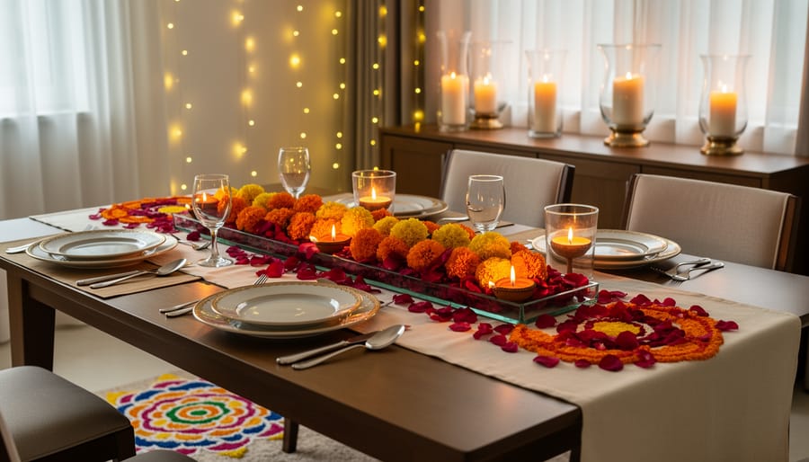 Diwali dining table with a colorful runner, brass serving bowls, and a flower centerpiece with warm candles.