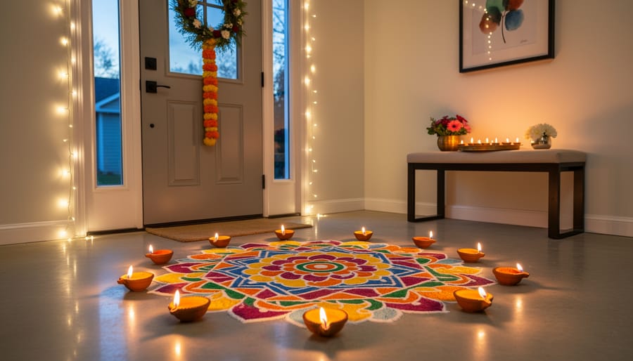 Diwali entryway with diyas, a rangoli-style design near the door, and a festive garland.