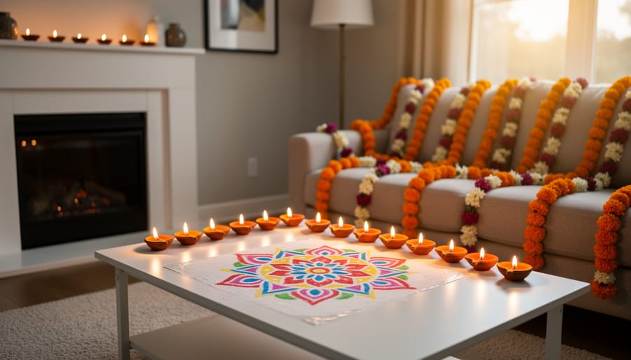 Glowing terracotta diyas, a rangoli-style pattern on a protective mat, and marigold flower garlands decorating a cozy US living room for Diwali.