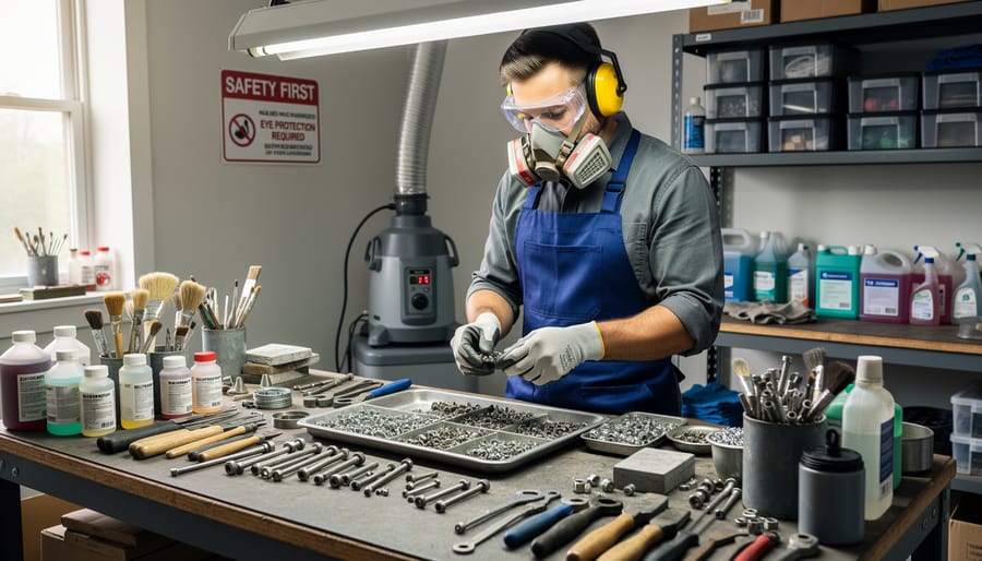 Gloved hands wearing eye protection holding a metal hinge over a tray in a ventilated workspace