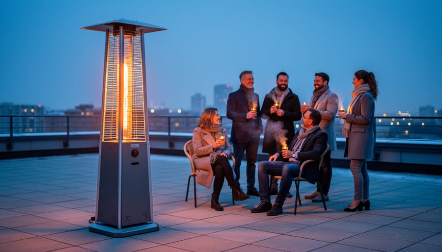 Infrared outdoor heater glowing warmly on a cold evening patio while people stay comfortable.