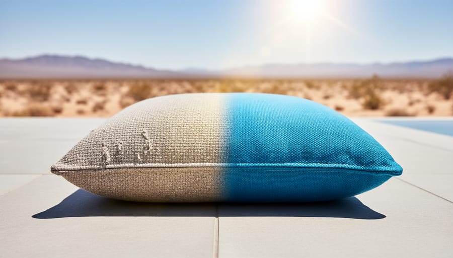 Outdoor cushion in bright sunlight showing fabric texture and resilient colors