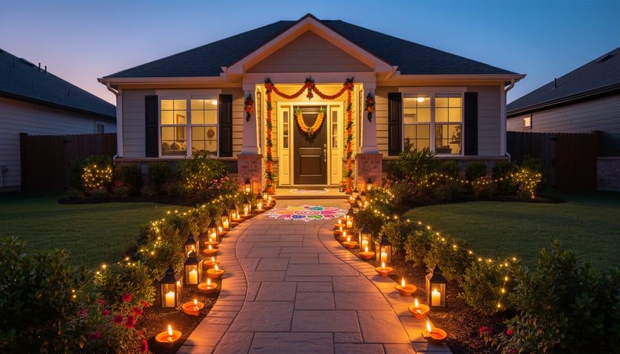 Outdoor Diwali pathway lighting on a patio at dusk with lanterns and warm string lights.