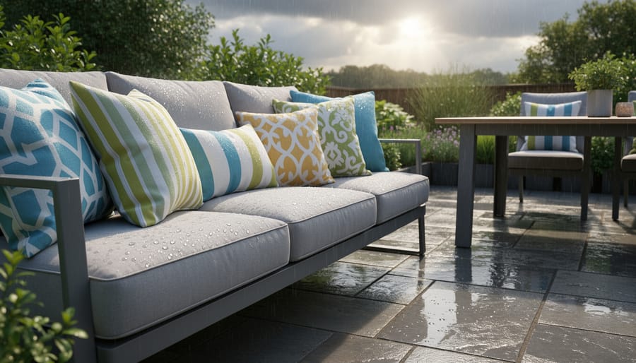 Outdoor patio seating with quality outdoor furniture cushions in an inviting outdoor setting