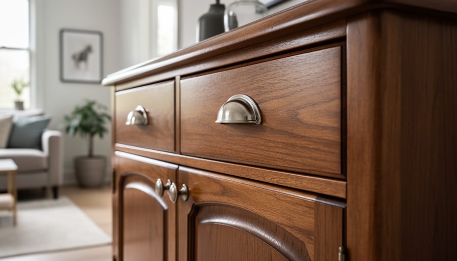 Polished bronze drawer pulls freshly reinstalled on a vintage cabinet with warm sunlight reflecting off the metal