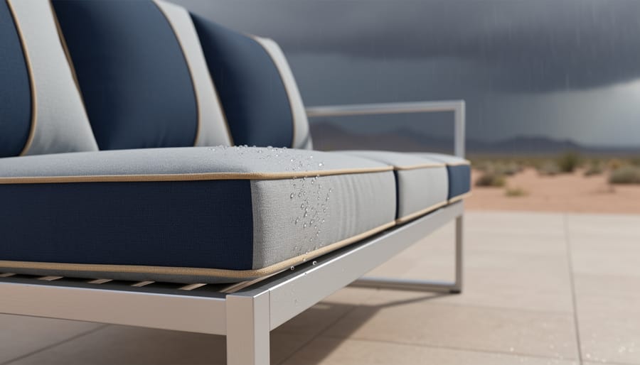 Close-up of outdoor furniture cushions showing weather-resistant fabric and reinforced seams on a patio set in mixed extreme-climate lighting.