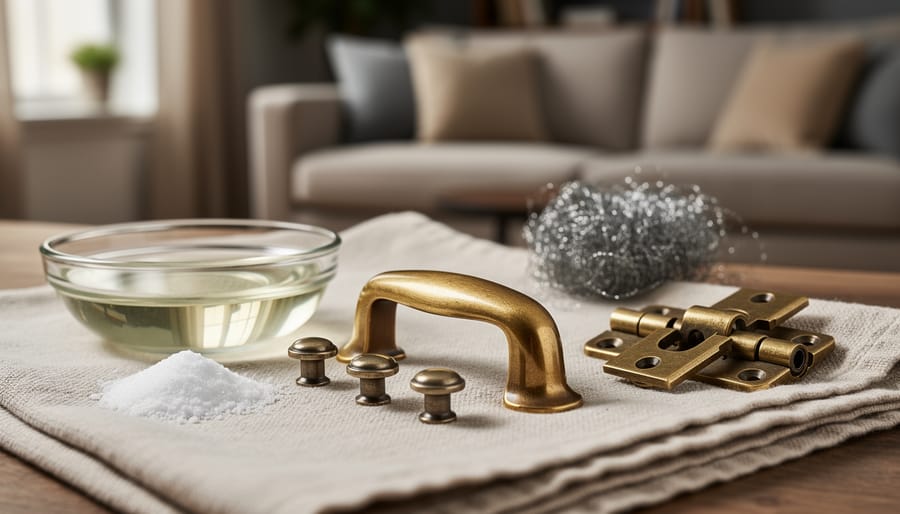 Close-up of brass drawer pulls and metal knobs being restored on a cloth with white vinegar, baking soda, and fine steel wool nearby, photographed in soft natural light.