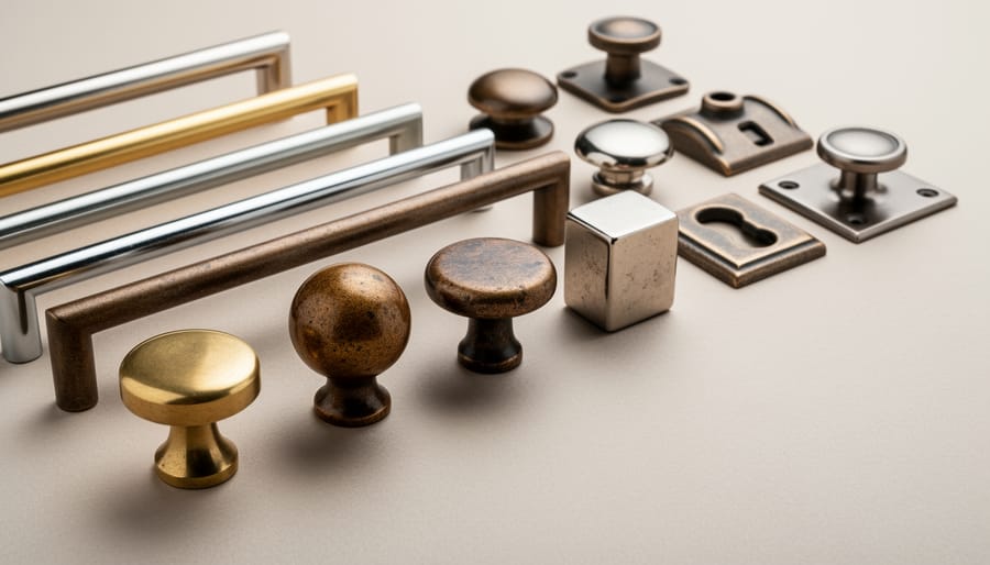 Tarnished brass drawer pull, cabinet knob, and escutcheon laid on a cloth with small screw bags nearby