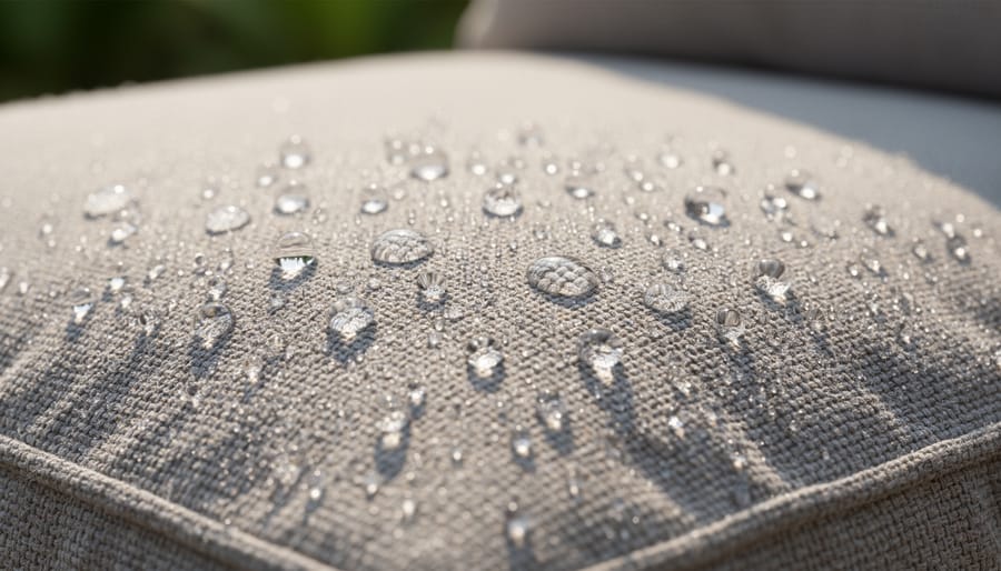 Water droplets beading on the surface of outdoor furniture cushion fabric