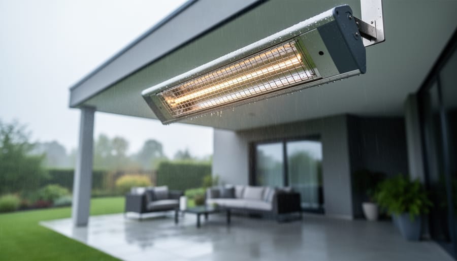 Weatherproof outdoor electric heater mounted on a patio wall with light rain mist in the background.