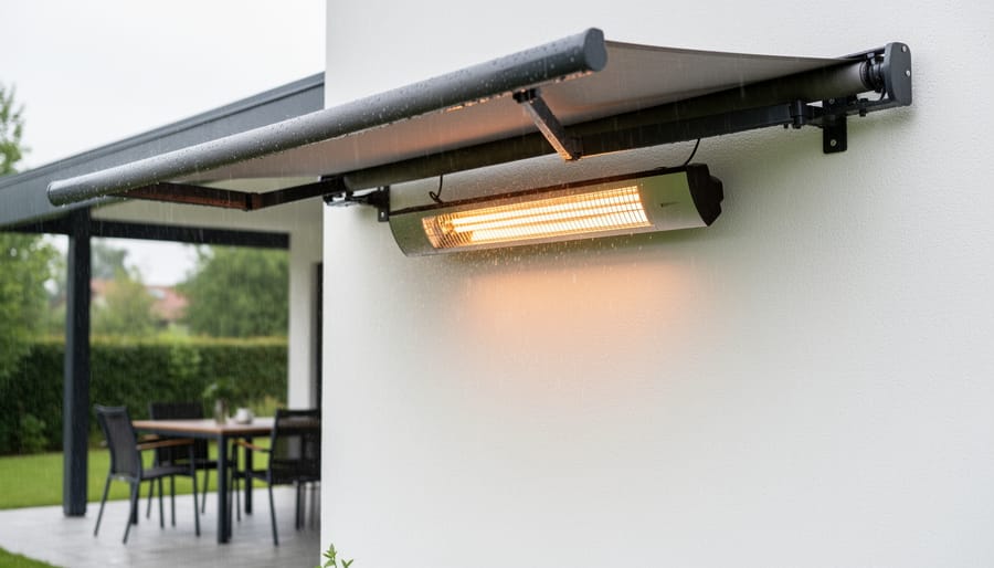 Weatherproof outdoor electric heater mounted on a patio wall beneath an awning.