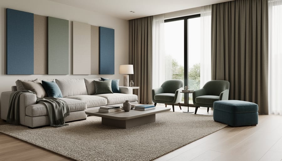 Living room corner with acoustic curtains and a rug to reduce noise, showing textures and wooden furniture in soft natural light.