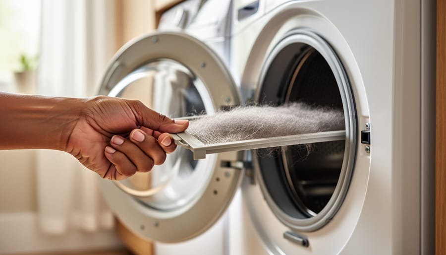 Close-up of a hand holding a lint-filled dryer lint trap in front of a modern dryer in a laundry room.