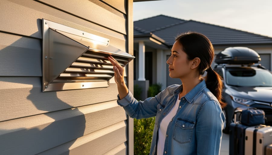 Homeowner checking an exterior dryer vent hood with the vent flap closed against a siding wall