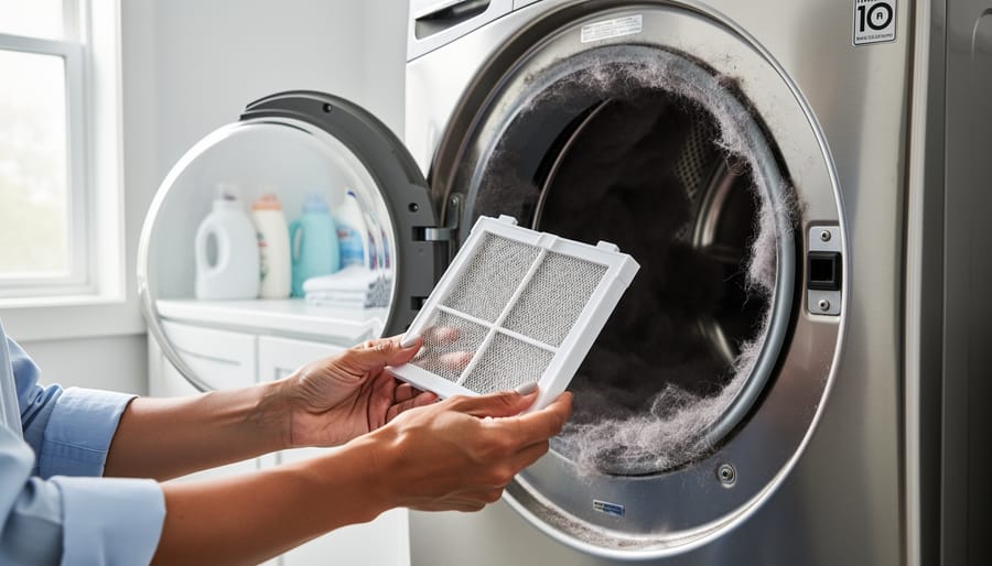 Lint-filled dryer lint trap held in a person’s hand with a dryer in the blurred background