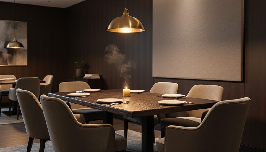 Warm, inviting restaurant interior with plush upholstered seating, textured materials, and soft golden lighting suggesting a unified multisensory environment.