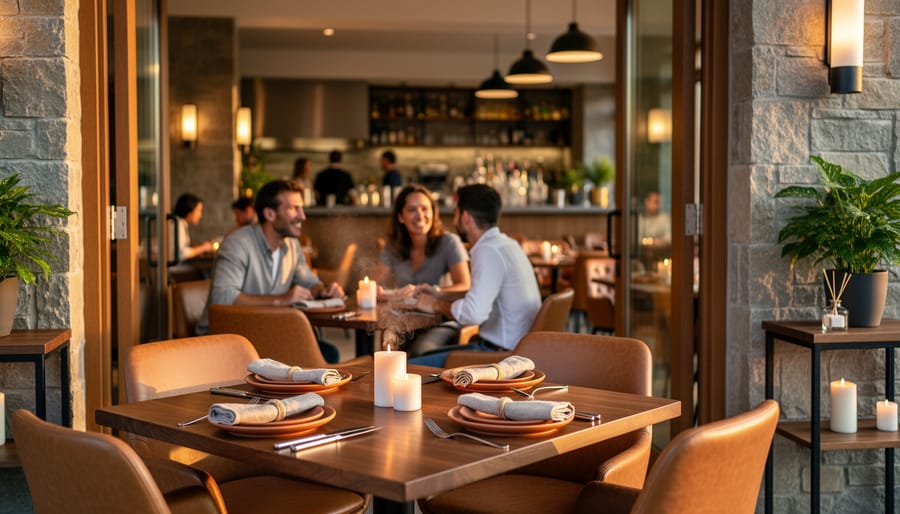 Restaurant table scene with warm candlelight and a wooden centerpiece creating an inviting sensory atmosphere.