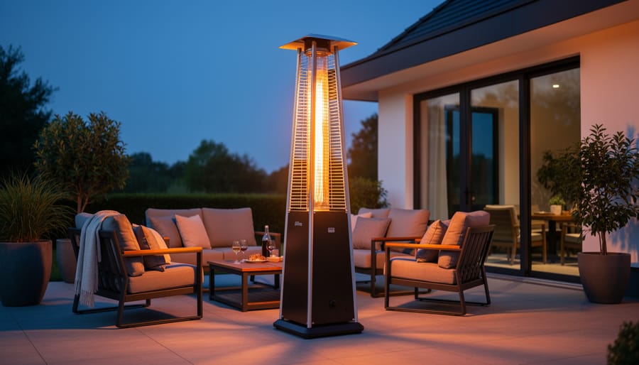 Outdoor patio with a glowing propane heater keeping seating area warm during cold dusk weather.