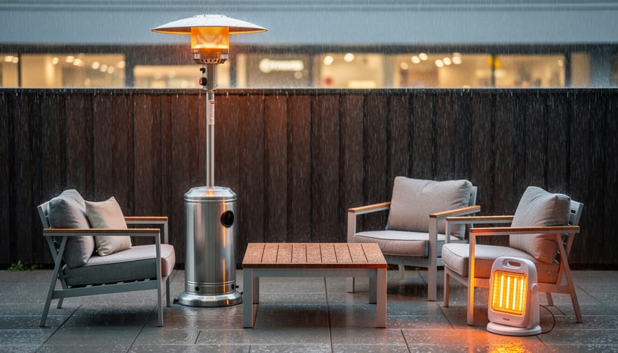 Outdoor patio seating warmed by a propane heater and a portable infrared heater under rainy weather conditions.