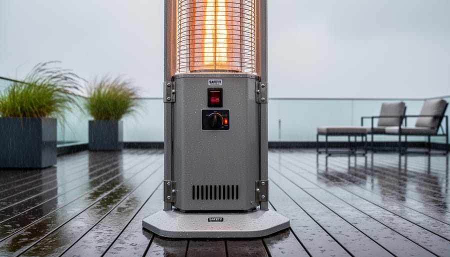 Close-up view of an outdoor patio heater’s safety housing and burner area with warm flame glow.