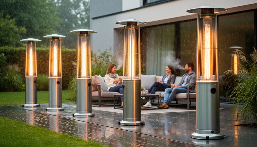 Two outdoor seating areas showing outdoor heaters operating in wind and rain conditions.